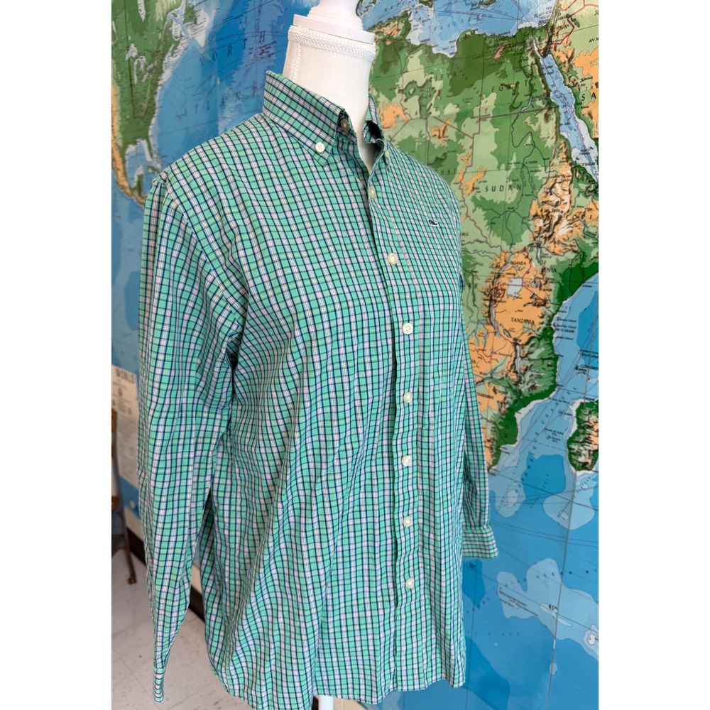 Vineyard Vines Boys Lg (16-18)Green Plaid Whale Logo Long Sleeve Shirt